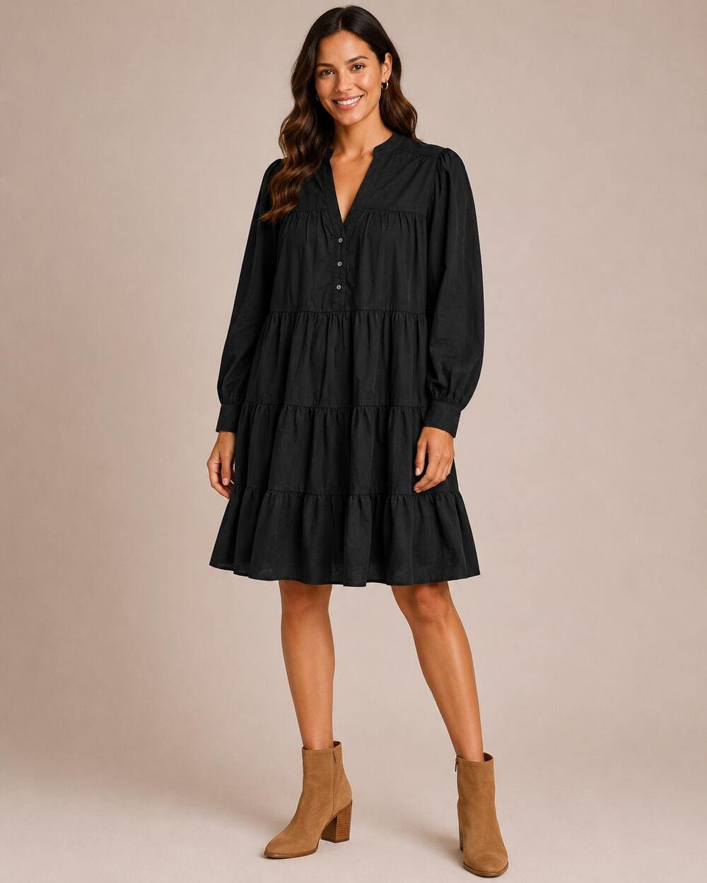 Xirena Tallulah Dress Size L Black Tiered Mini Long Sleeve Button Front V-Neck